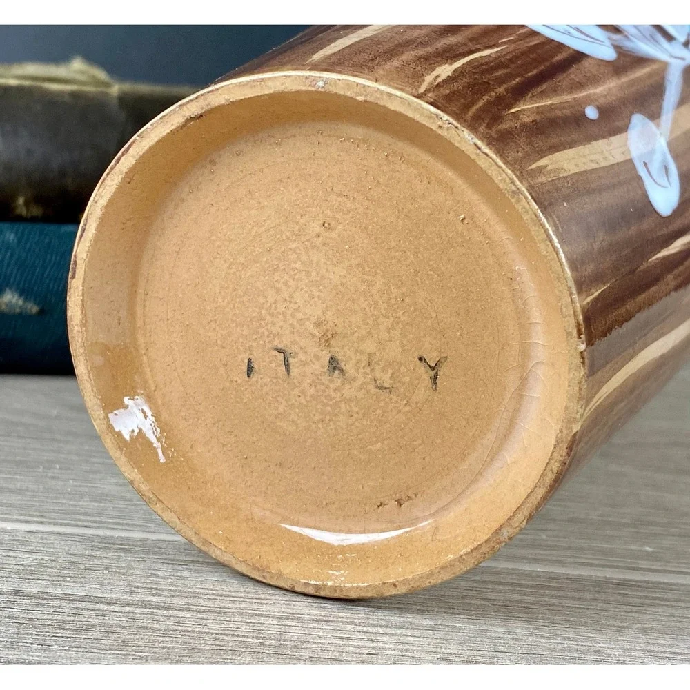 Italy Pottery Vase Wood Grain Glaze Blue Flower Relief‎ 8 Inch